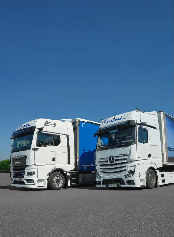 kompetente Teil-und komplettladung Bildausschnitt von zwei LKWs der Spedition Pohl 