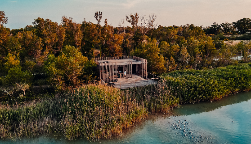 Wooden cabin with deck by a river surrounded by tall grass and dense trees in warm light.