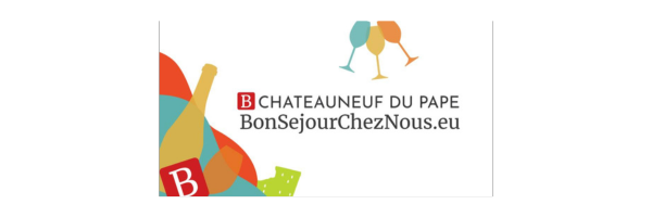 Chateauneuf du Pape logo with wine bottle, glasses, and BonSejourChezNous.eu text.