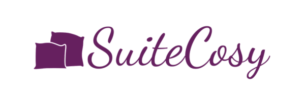 SuiteCosy wordmark logo in purple with two abstract shapes on left.