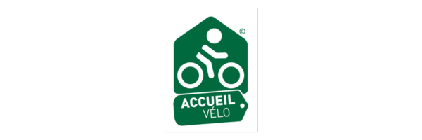 Green logo with a cyclist icon and the text Accueil Vélo on a tag shape.