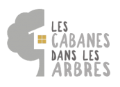 Logo with a gray tree and a house window next to the text 'Les Cabanes Dans Les Arbres'.