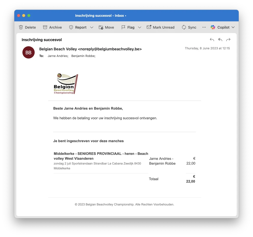 Screenshot van een e-mail. In de e-mail staat een inschrijvingsbevestiging van Belgian Beach Volley.