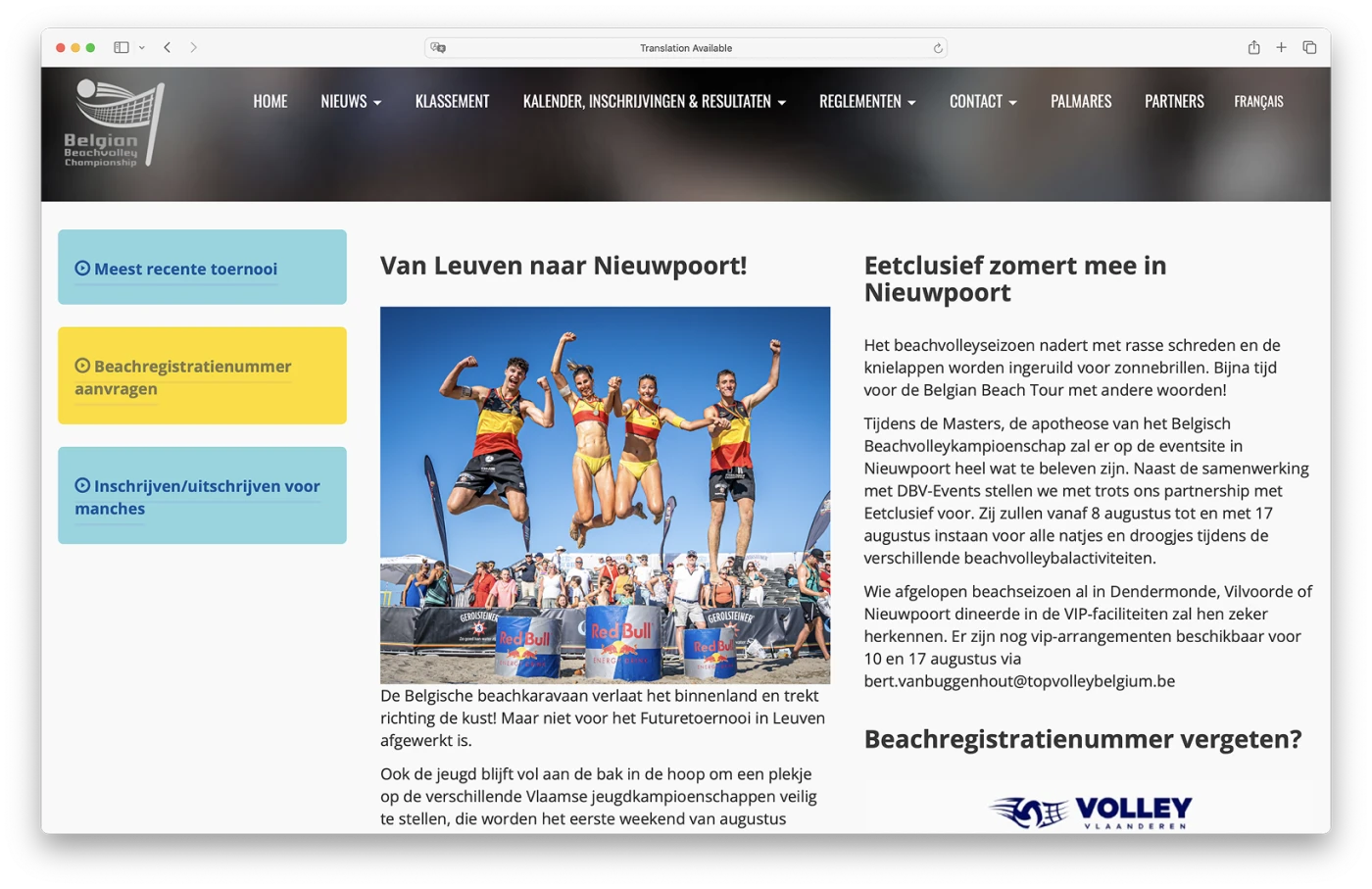 Screenshot van de startpagina van Belgian Beach Volley.