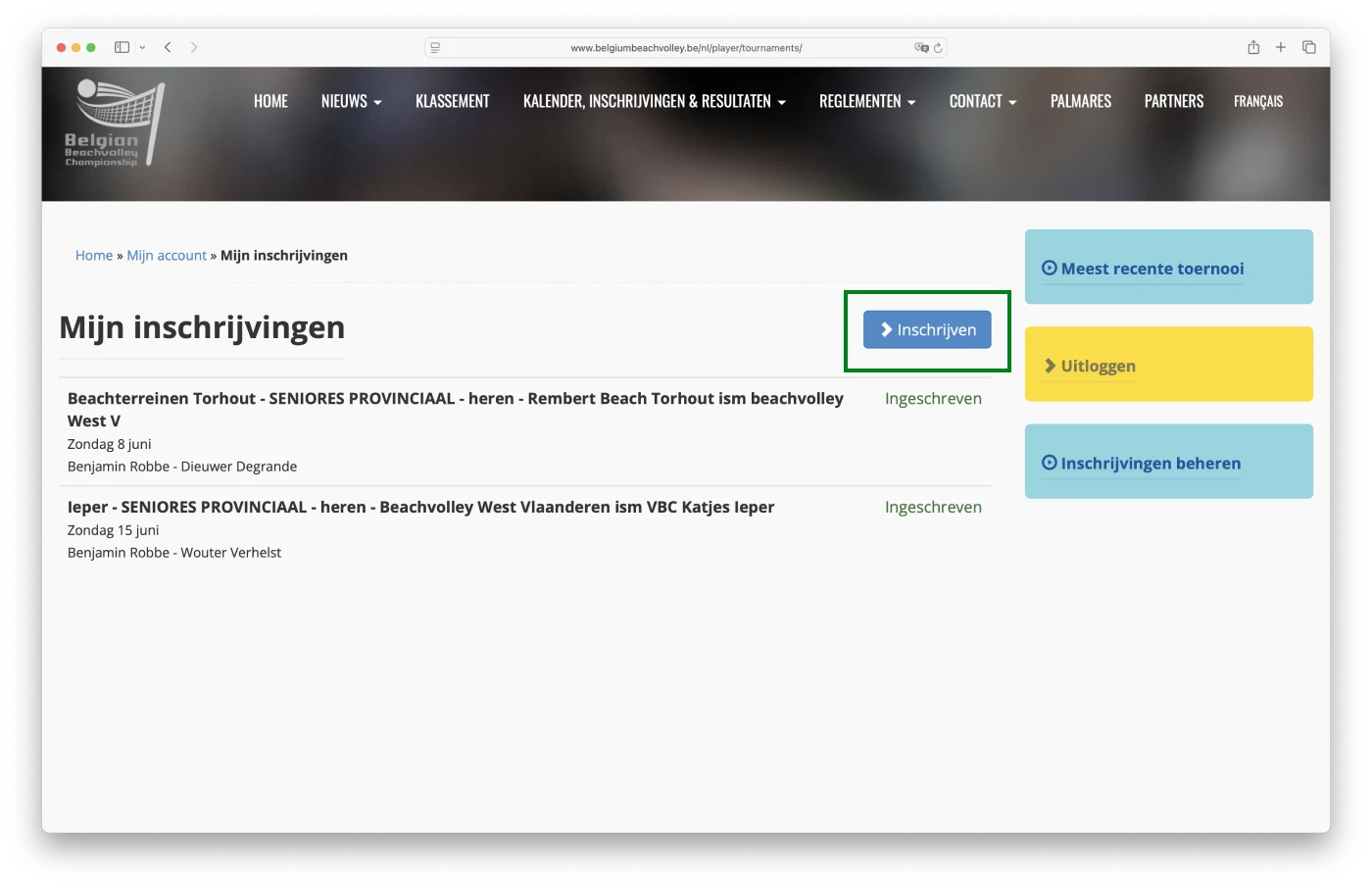 Screenshot van de Belgian Beach Website. Op het scherm kan je zien hoe een kader staat rond de knop 'Inschrijven'.