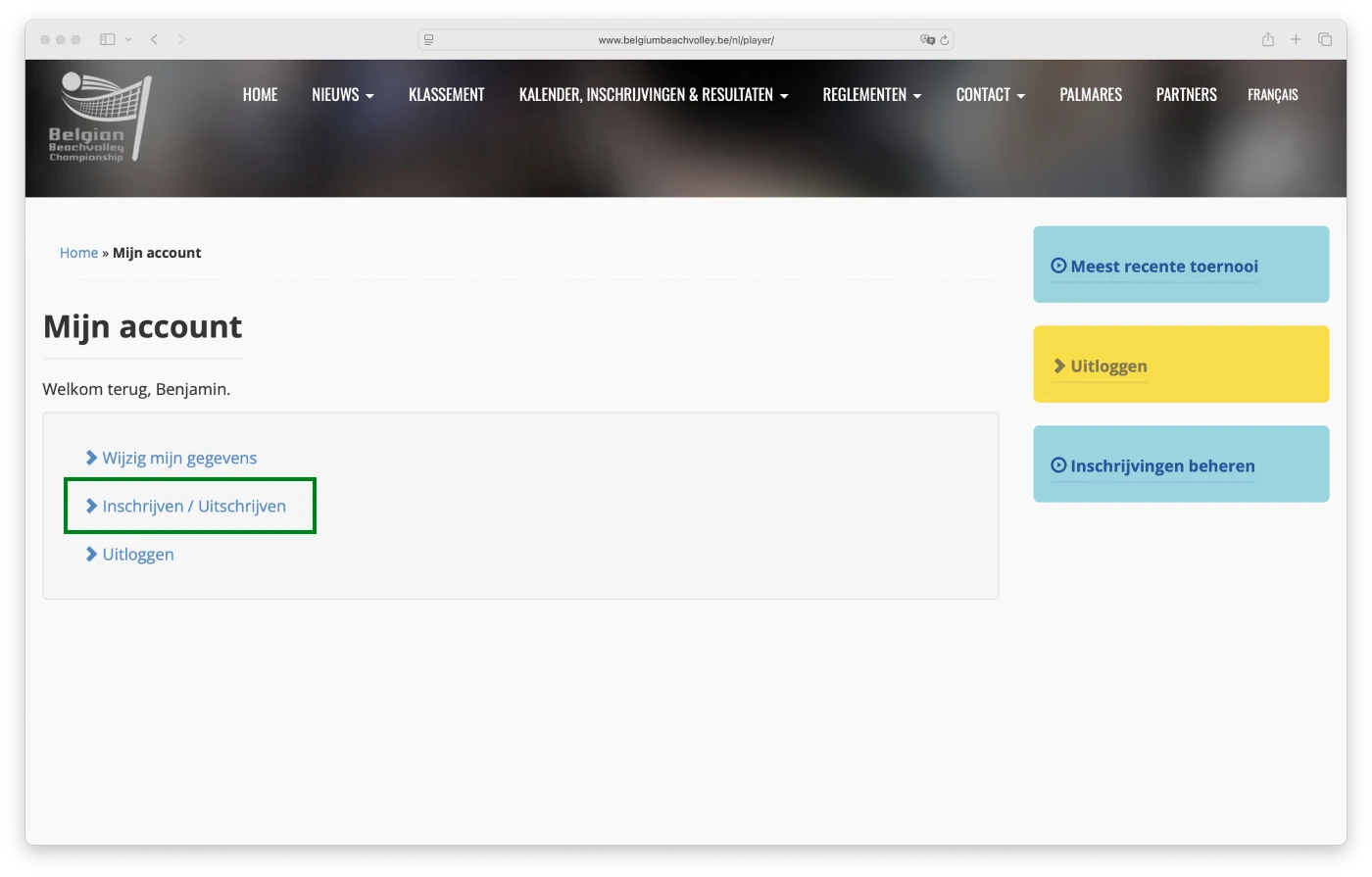 Screenshot van de Belgian Beach Website. Op het scherm kan je zien dat de knop 'Inschrijven/Uitschrijven' in een kader staat.