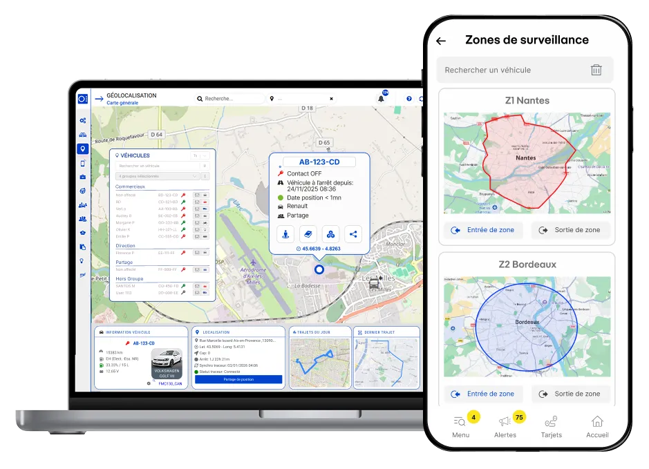 Interface du logiciel OPTIMUM sur ordinateur et mobile montrant la géolocalisation de flotte.