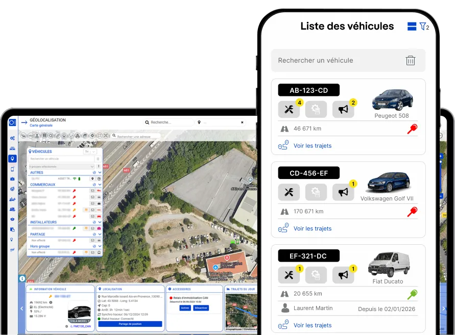 Application mobile et écran d'ordinateur montrant la liste des véhicules et la carte de suivi OPTIMUM