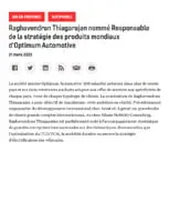 Raghavendran Thiagarajan nommé Responsable de la stratégie des produits mondiaux d’Optimum