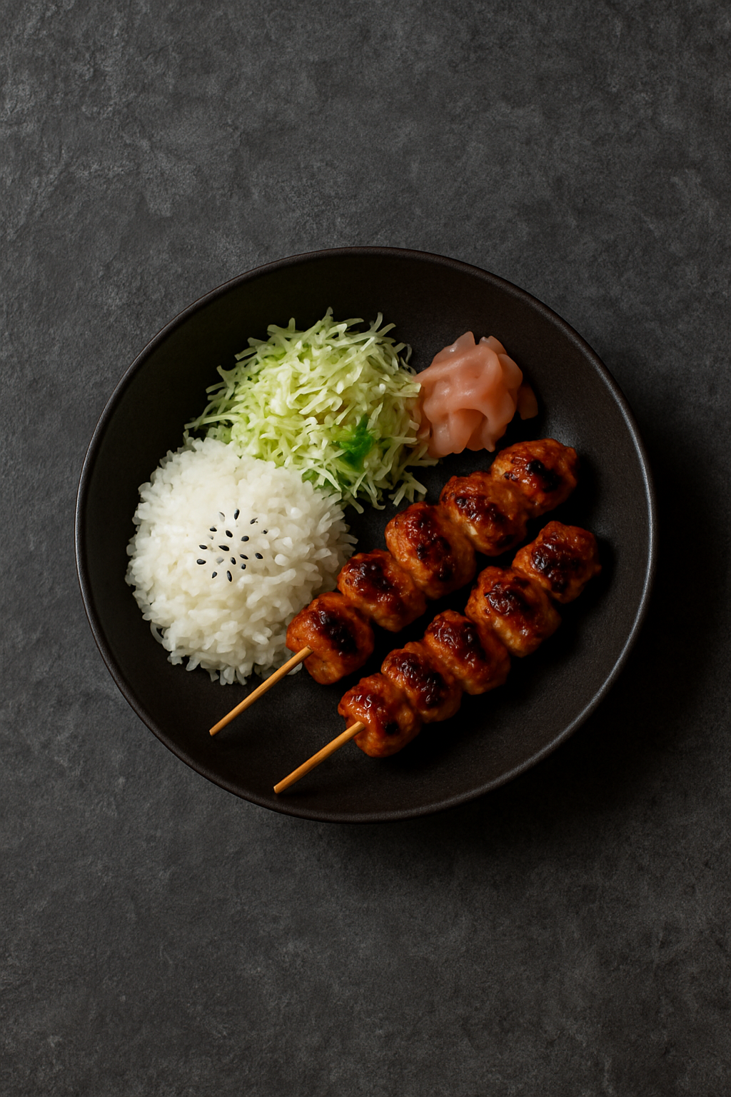 Black plate with two grilled chicken skewers, a mound of white rice topped with black sesame seeds, shredded cabbage, and pickled ginger on a dark textured surface.