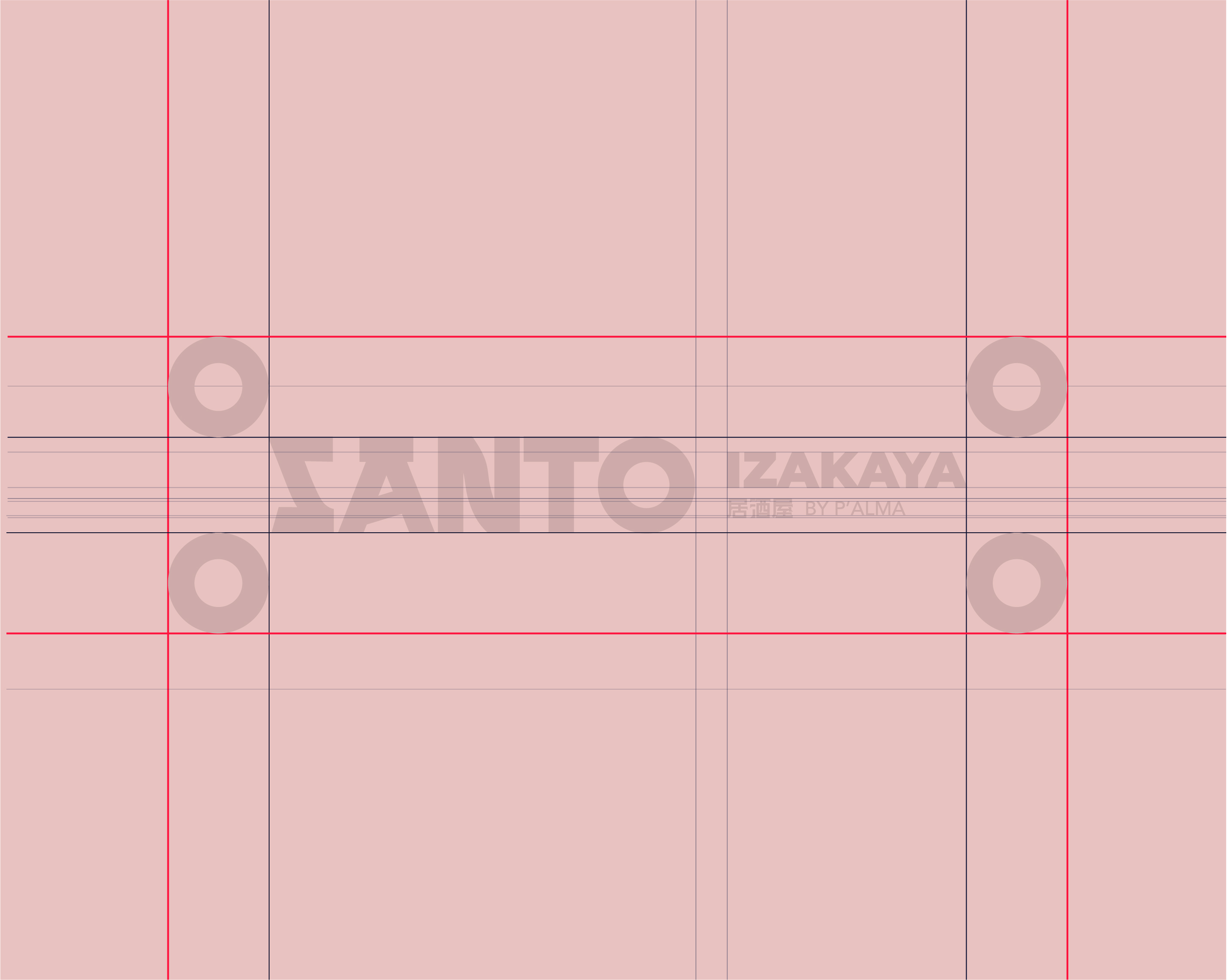 Grid layout guide with text placeholders and circular graphic elements on a pink background.