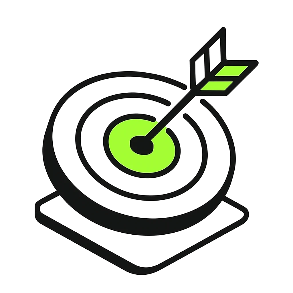 Green arrow hitting the center of a black and green dartboard target.