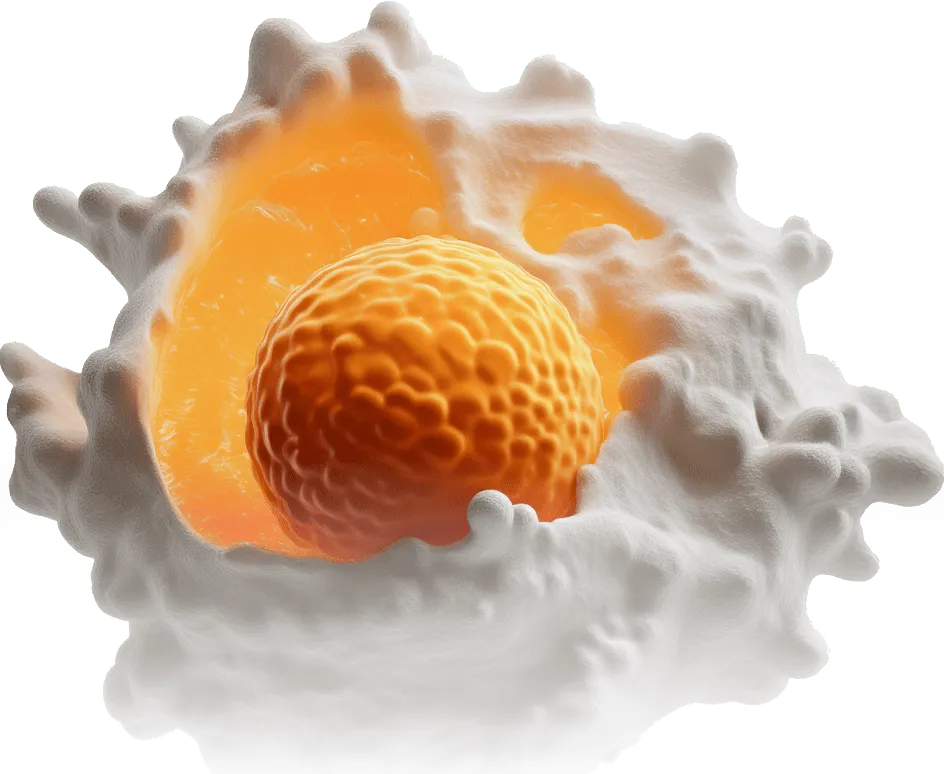 A 3D illustration of a white blood cell with a bright orange nucleus, showcasing cellular structure and organic textures.