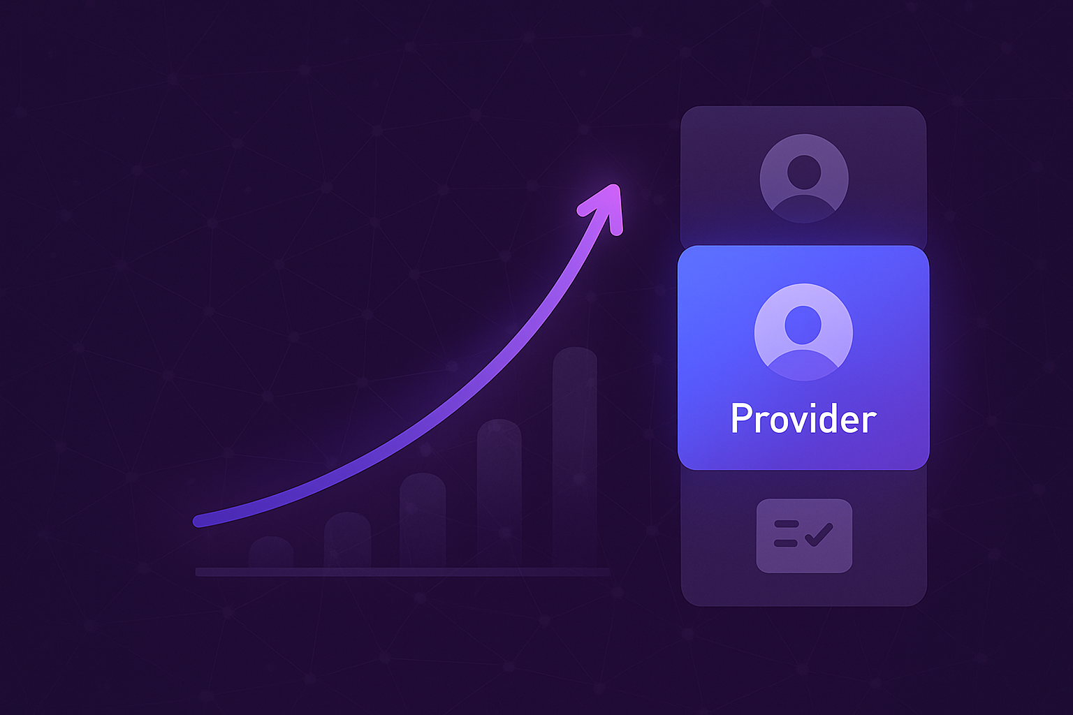A provider profile highlighted in neon purple with a graph showing exponential growth next to it. 