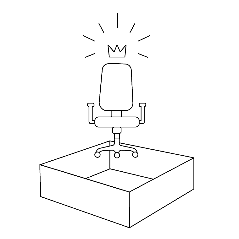 Gif Animation wie ein Schreibtischstuhl mit Krone aus der Box fliegt.
