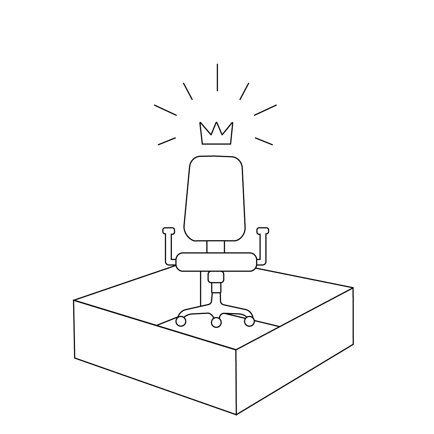 Mitarbeiter Stuhl fliegt aus Box mit Krone drauf.