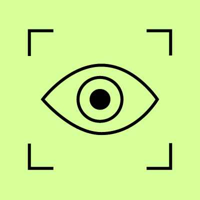 Neongrüner Hintergrund, schwarzes Linienicon mit Auge, drumherum die Fokus klammern.