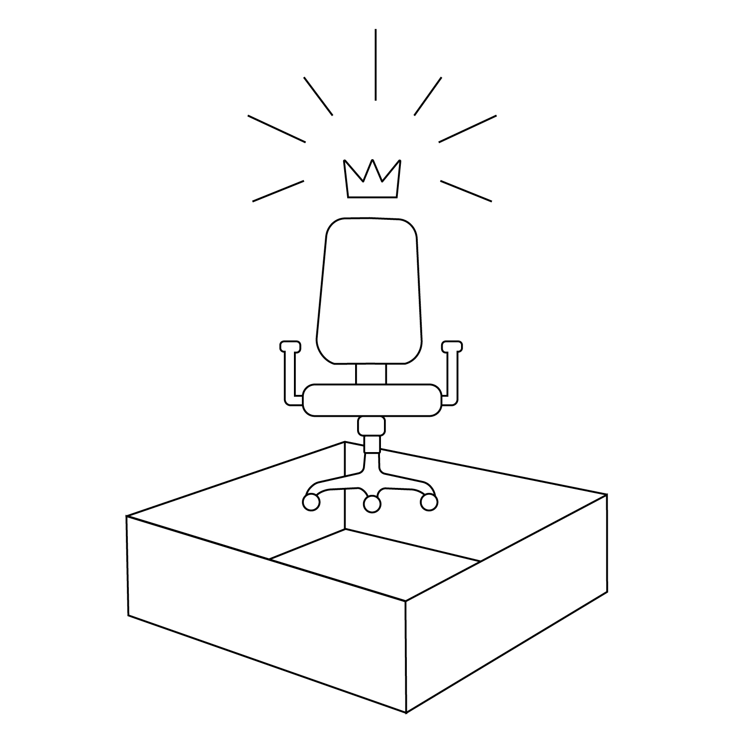 Arbeitsstuhl fliegt aus Onboarding Box, Krone scheint darüber.