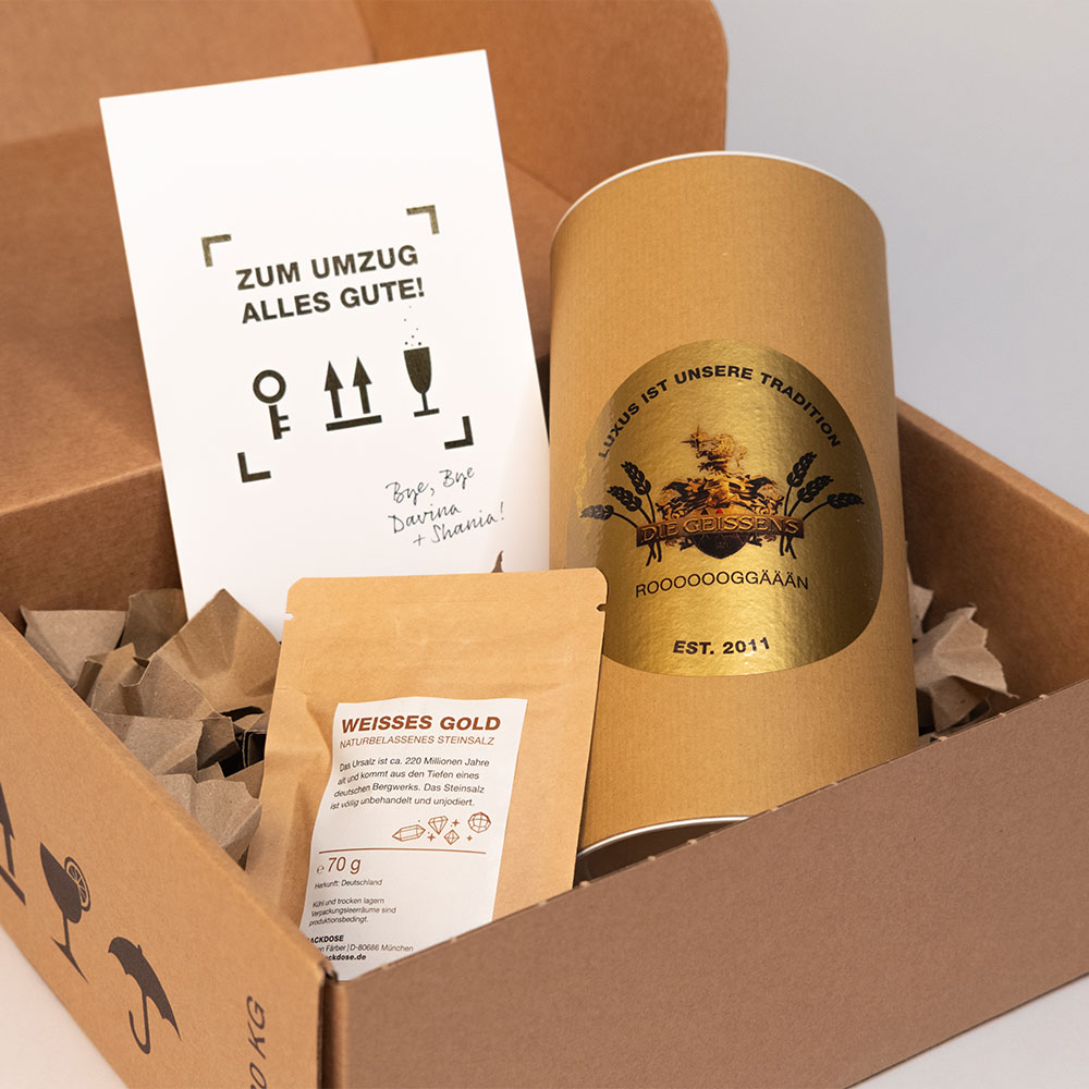 Umzugskarton als Goodie Bag.