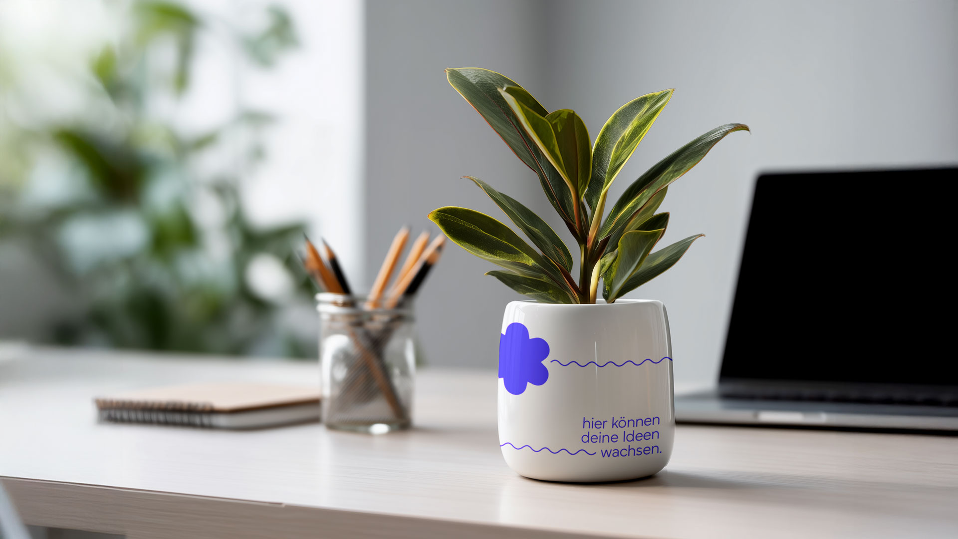 Eine Pflanze auf einem Schreibtisch als Mitarbeiter Geschenke mit Aufschrift "hier können deine Ideen wachsen".