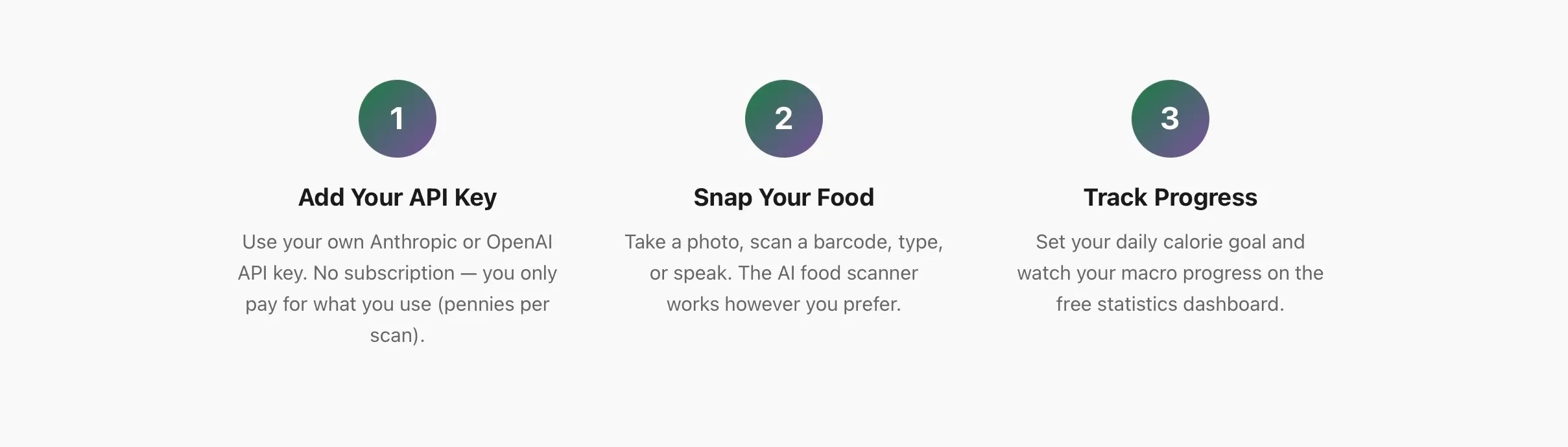 AI food tracking workflow showing API key setup, food scanning via photo or barcode, and nutrition progress tracking system