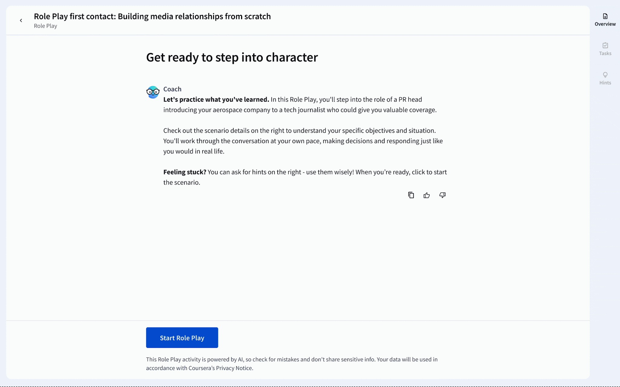 Coursera enterprise learning platform featuring AI-powered role play simulations and workforce skills development tools