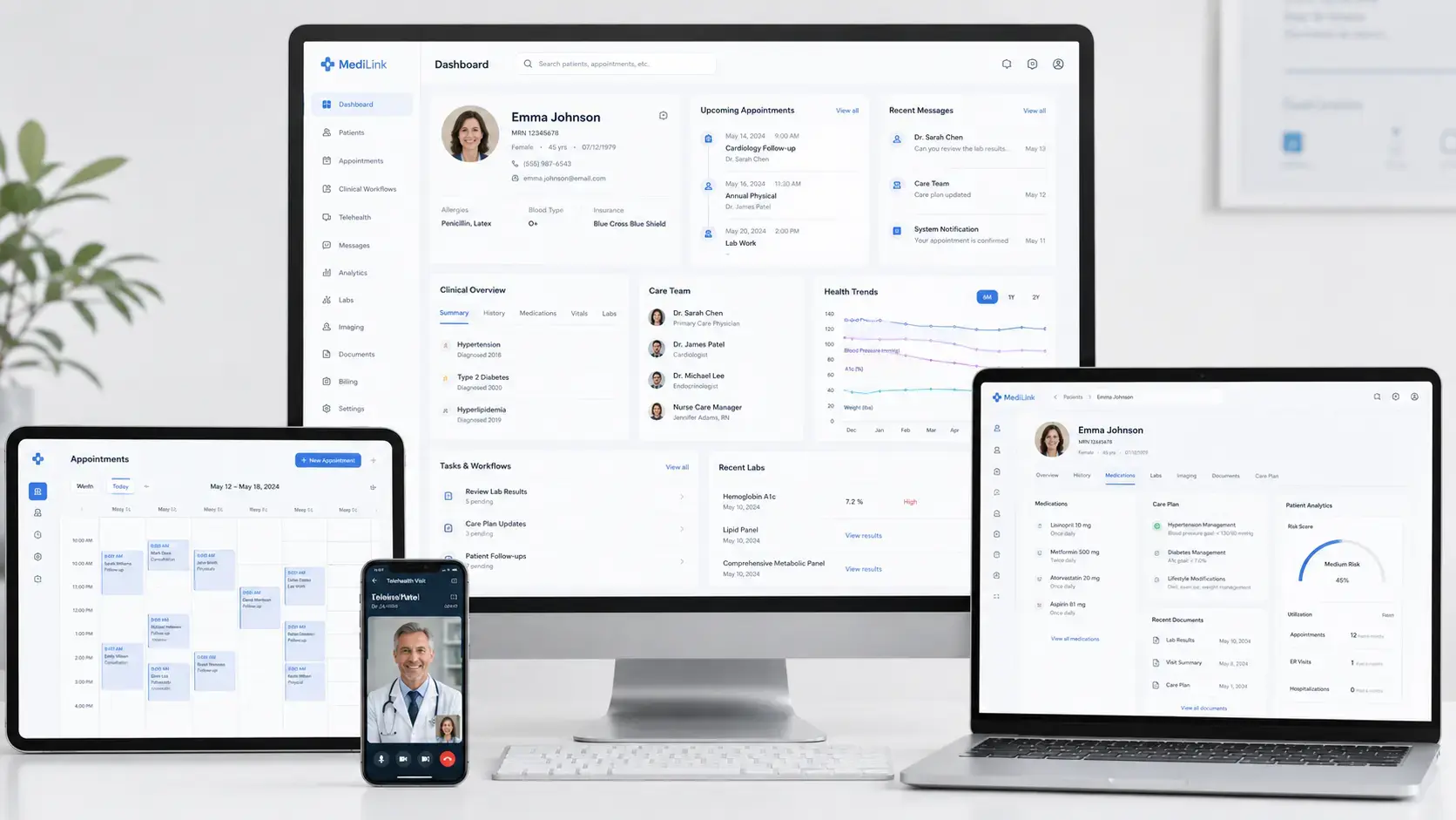 Unified healthcare platform connecting patient records, scheduling, telehealth and clinical workflows across devices