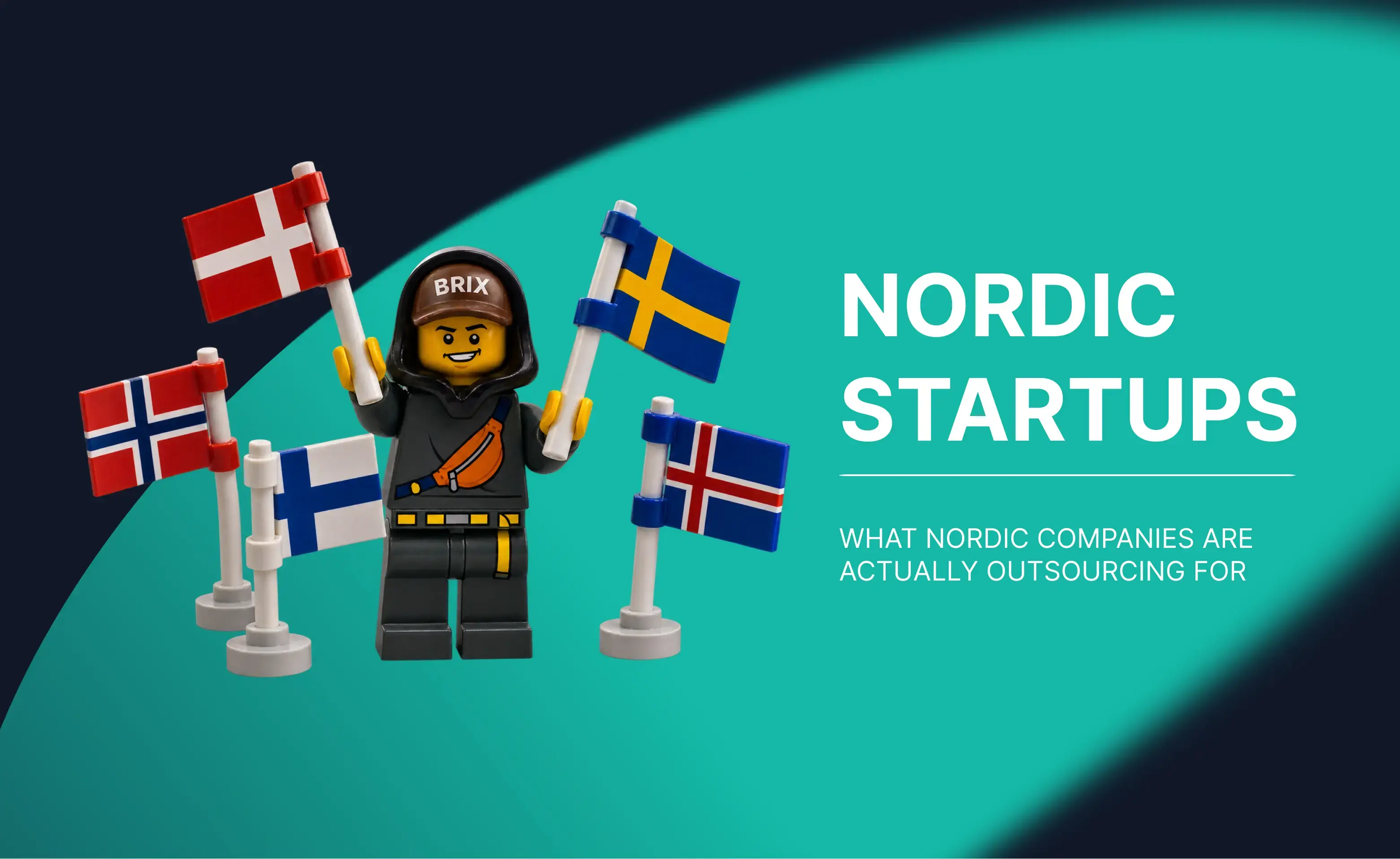LEGO Brix mascot with Nordic flags representing Denmark, Sweden, Norway, Finland and Iceland for Unibrix article on Nordic startup outsourcing.