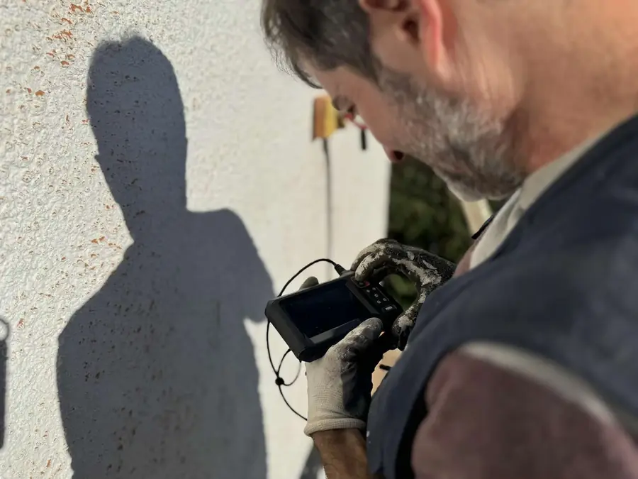 Técnico da EnergyEase a ver o interior de uma caixa de ar com uma câmara de inspeção