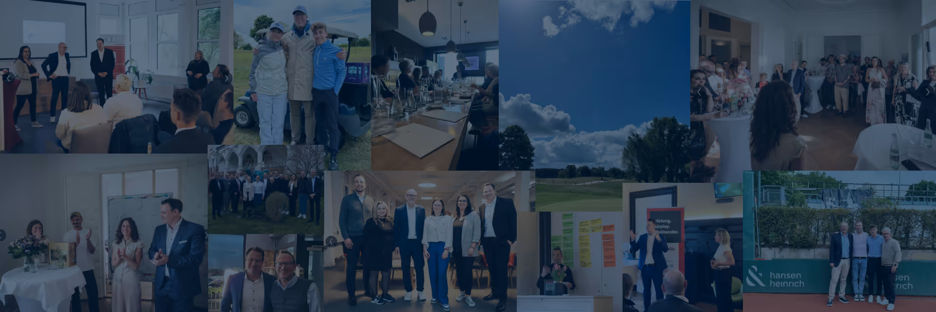 Collage aus Fotos von Berufsveranstaltungen mit Gruppen von Menschen bei Präsentationen, Gesprächen, Outdoor-Events und Netzwerken.