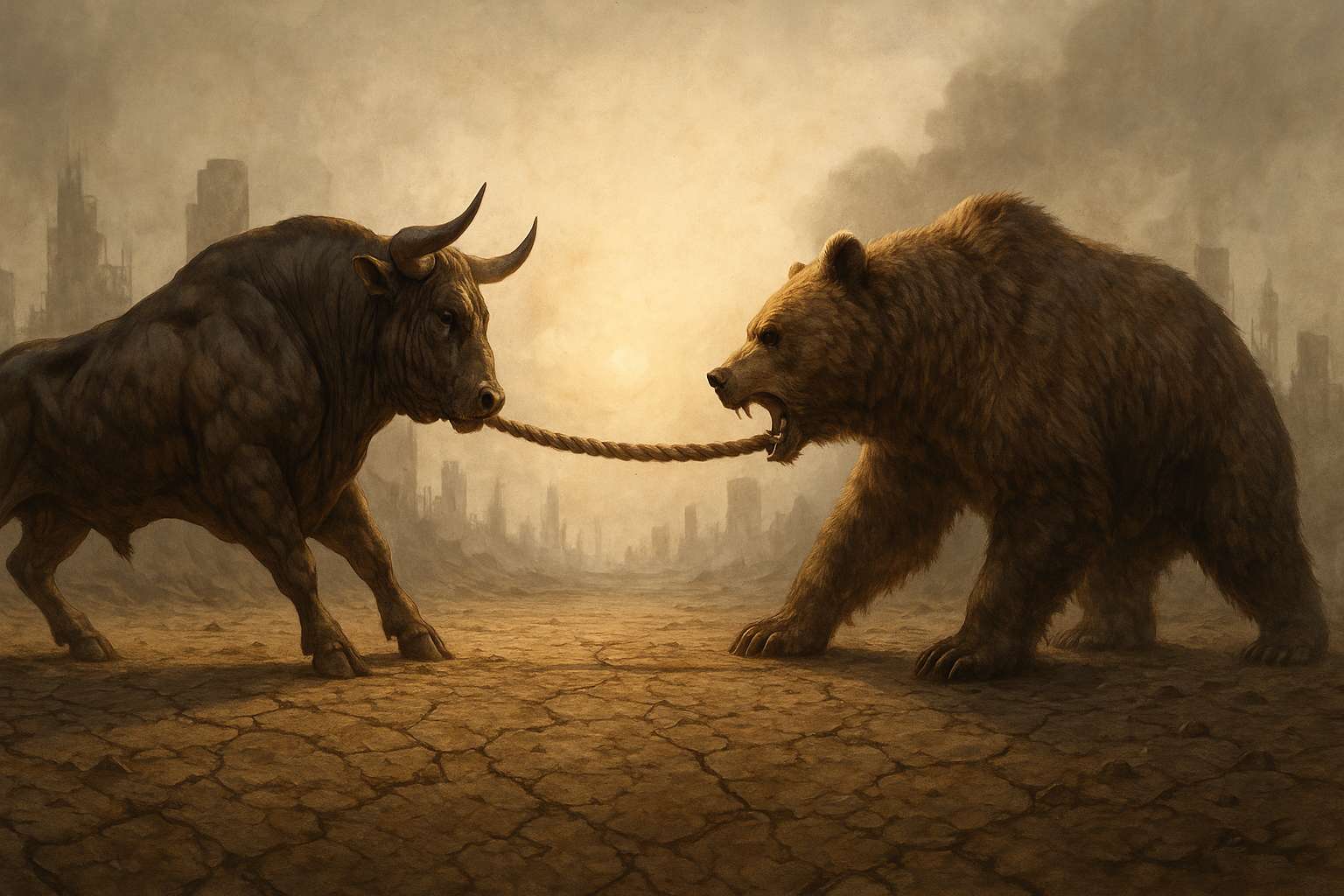 Ein muskulöser, anatomisch definierter Bulle links und ein großer, wilder Braunbär rechts ziehen in einem epischen Tauziehen