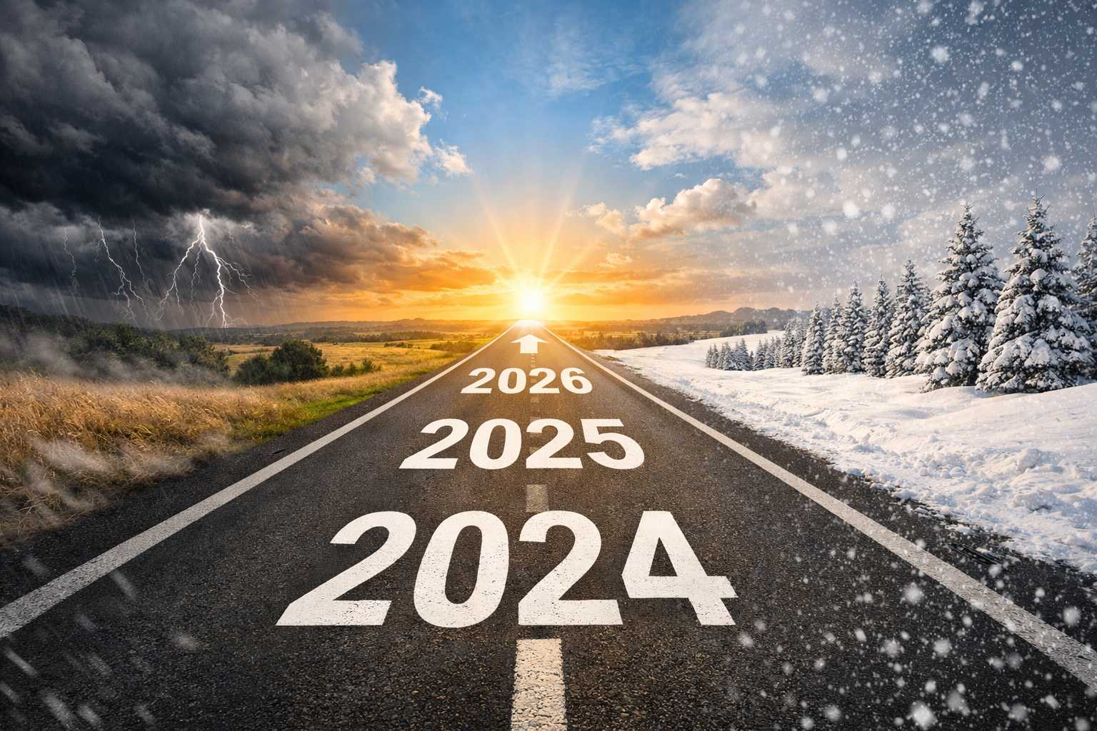Eine gerade Straße führt vom Jahr 2024 über 2025 in Richtung 2026 und einen hellen Sonnenaufgang. Links herrscht dunkles Sturmwetter mit Gewitter, rechts eine winterliche Schneelandschaft – ein visueller Kontrast für Herausforderungen und Chancen auf dem Weg nach vorn.