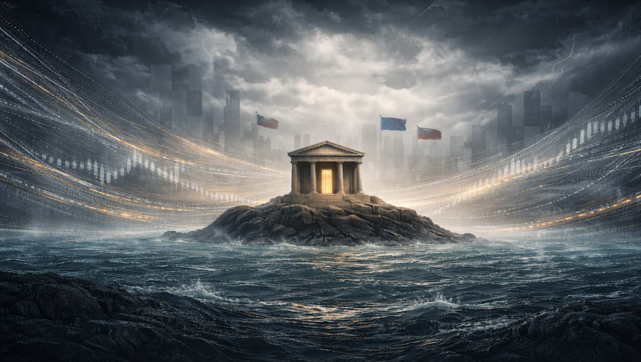 stürmische Meereslandschaft mit tempelartigem Gebäude