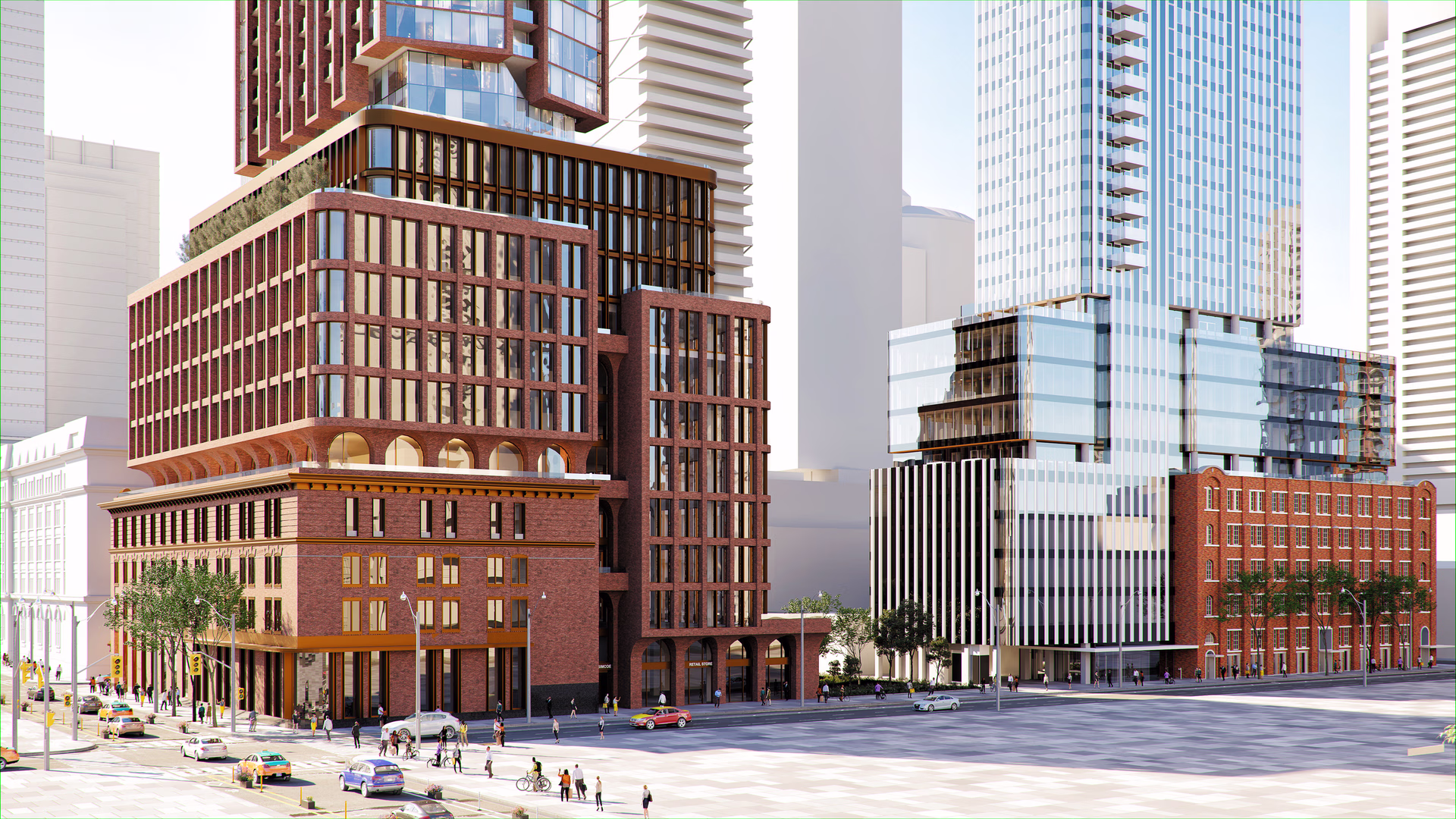 Rendering of the 100 Simcoe development showing the terraced heritage podium supporting a contemporary tower.