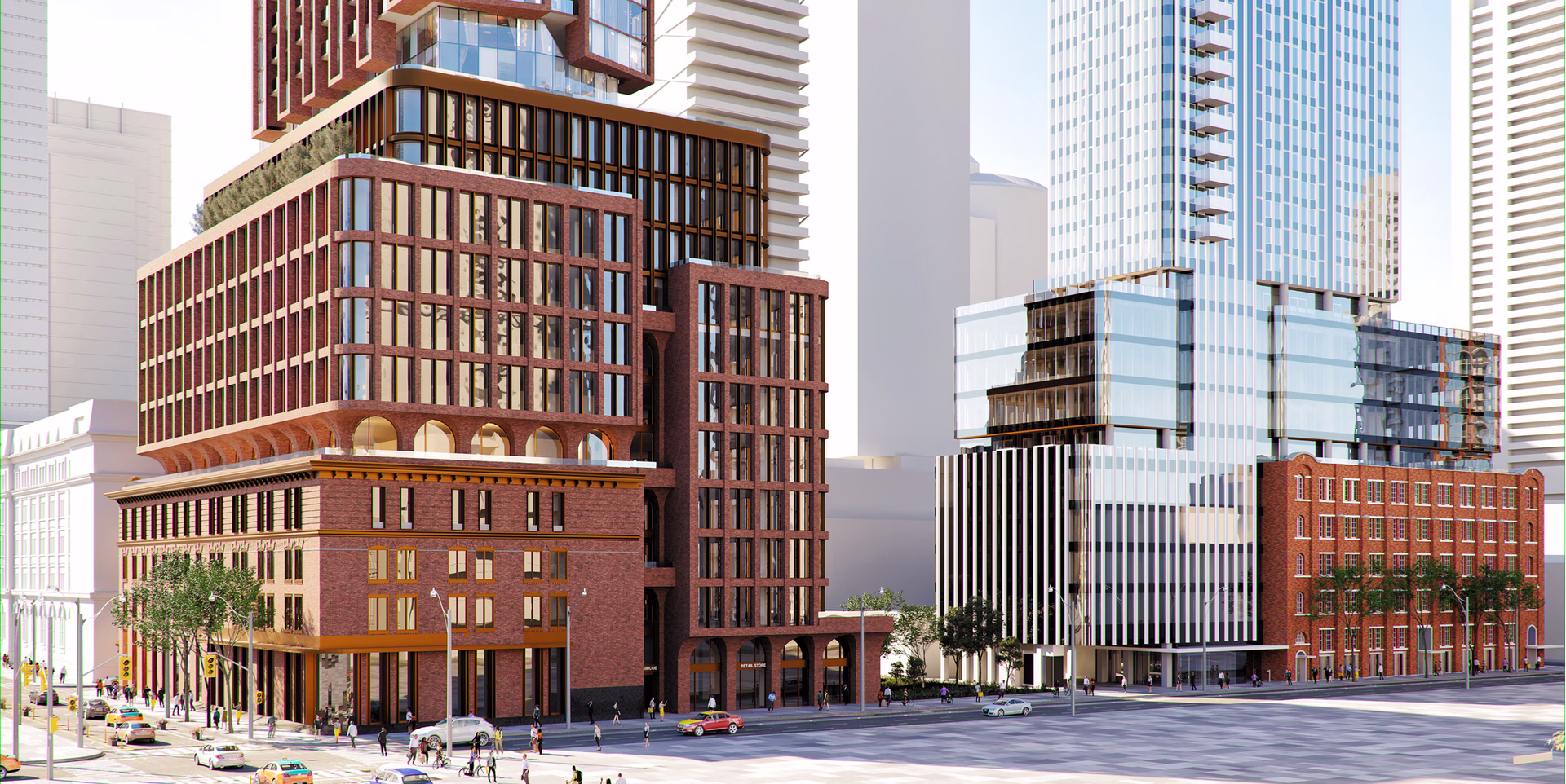 Rendering of the 100 Simcoe development showing the terraced heritage podium supporting a contemporary tower.