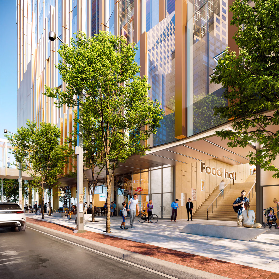Street-level rendering of 11 Bay showing a glass façade with tall fins, tree‑lined sidewalks, and an entrance to a food hall.