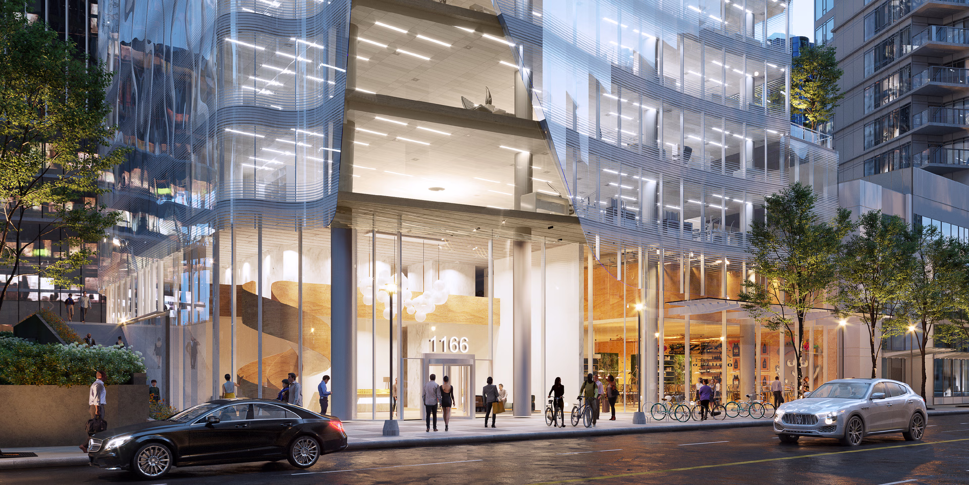 Street‑level rendering of 1166 West Pender showing a glass façade with curved edges, a double‑height lobby, and people walking along the sidewalk.