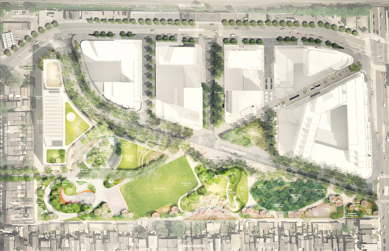 Aerial architectural site plan showing urban buildings aligned along Dupont Street and Dufferin Street with adjacent green spaces, pathways, trees, and labeled public areas including a community centre, green lawn, wild edible plant garden, and sensory trail.