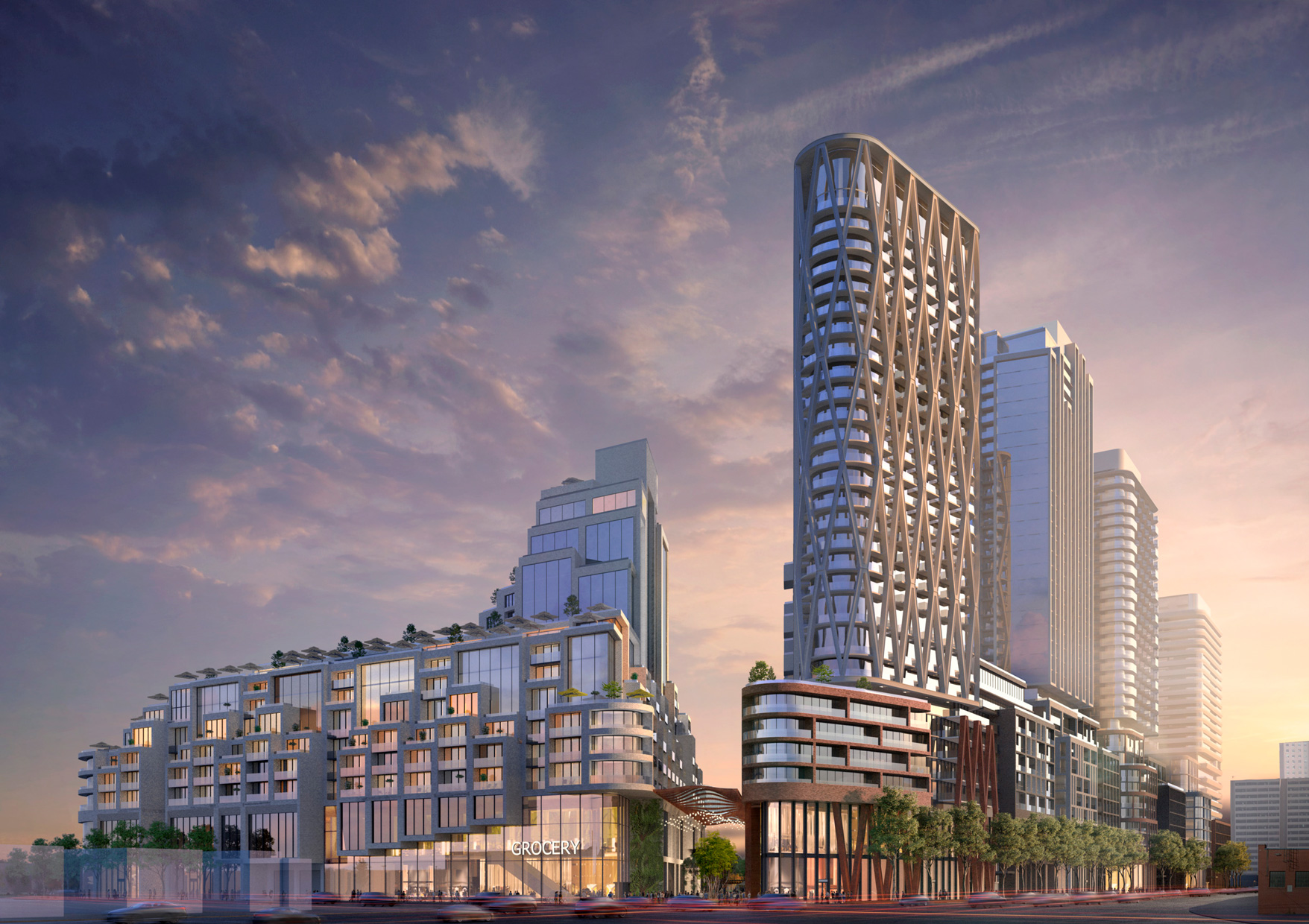 Modern mixed-use urban development with distinctive tall building featuring crisscross structural design and a low-rise building with multiple balconies at sunset.