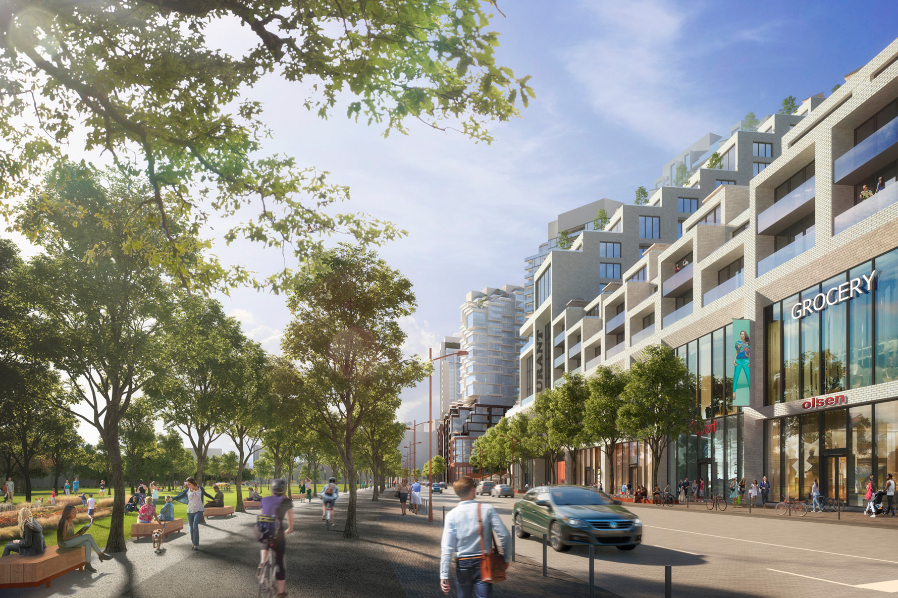 Urban street scene with modern mixed-use buildings, pedestrians, cyclists, trees, and a car driving on the road under a clear sky.