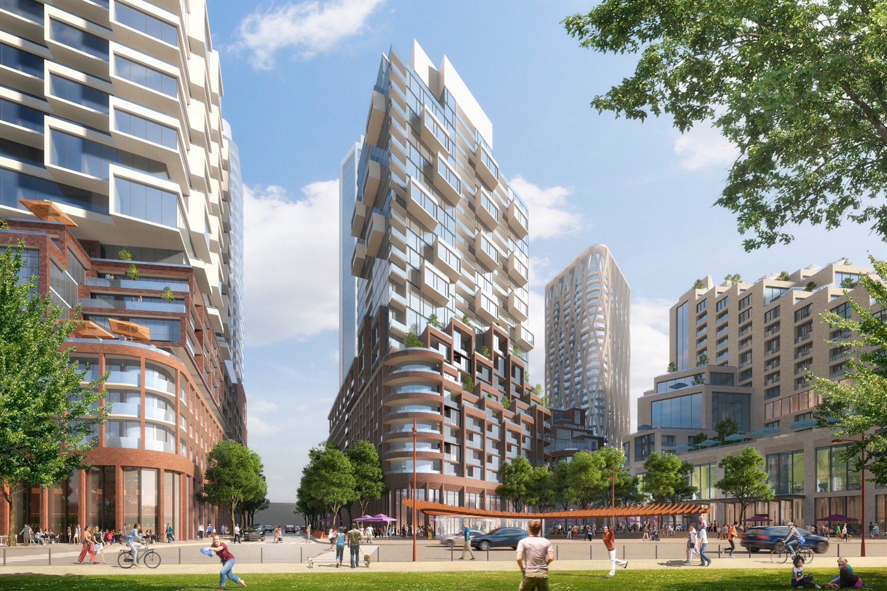 Urban mixed-use development with modern high-rise buildings, green trees, people walking, biking, and playing in an open plaza.