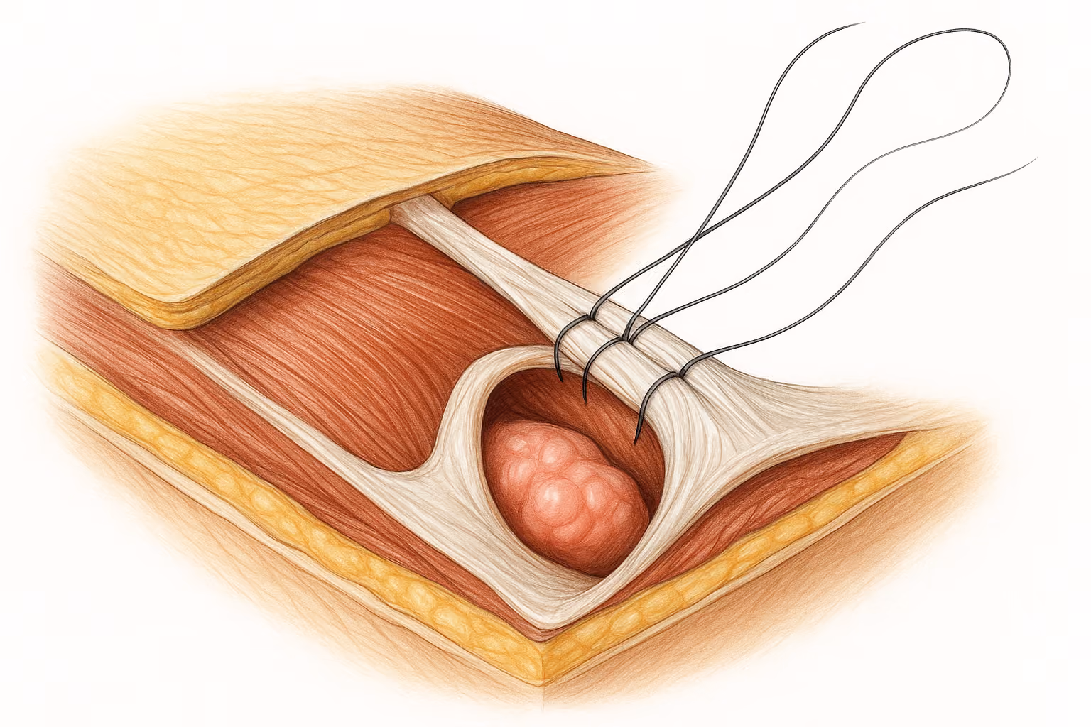 Color medical illustration of abdominal wall tissue repair for non-mesh hernia repair blog cover