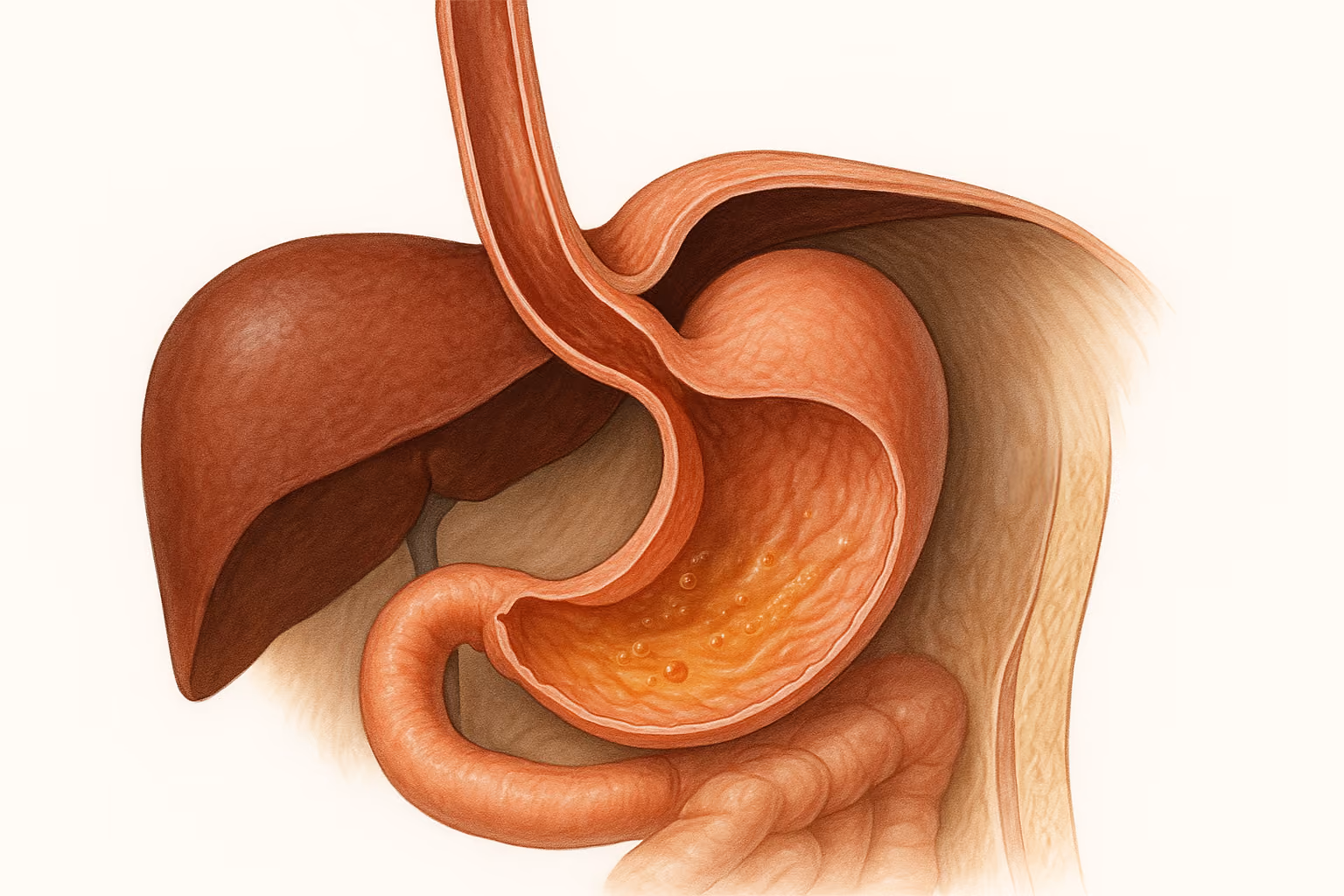 Color medical illustration of hiatal hernia and acid reflux anatomy for surgical blog cover