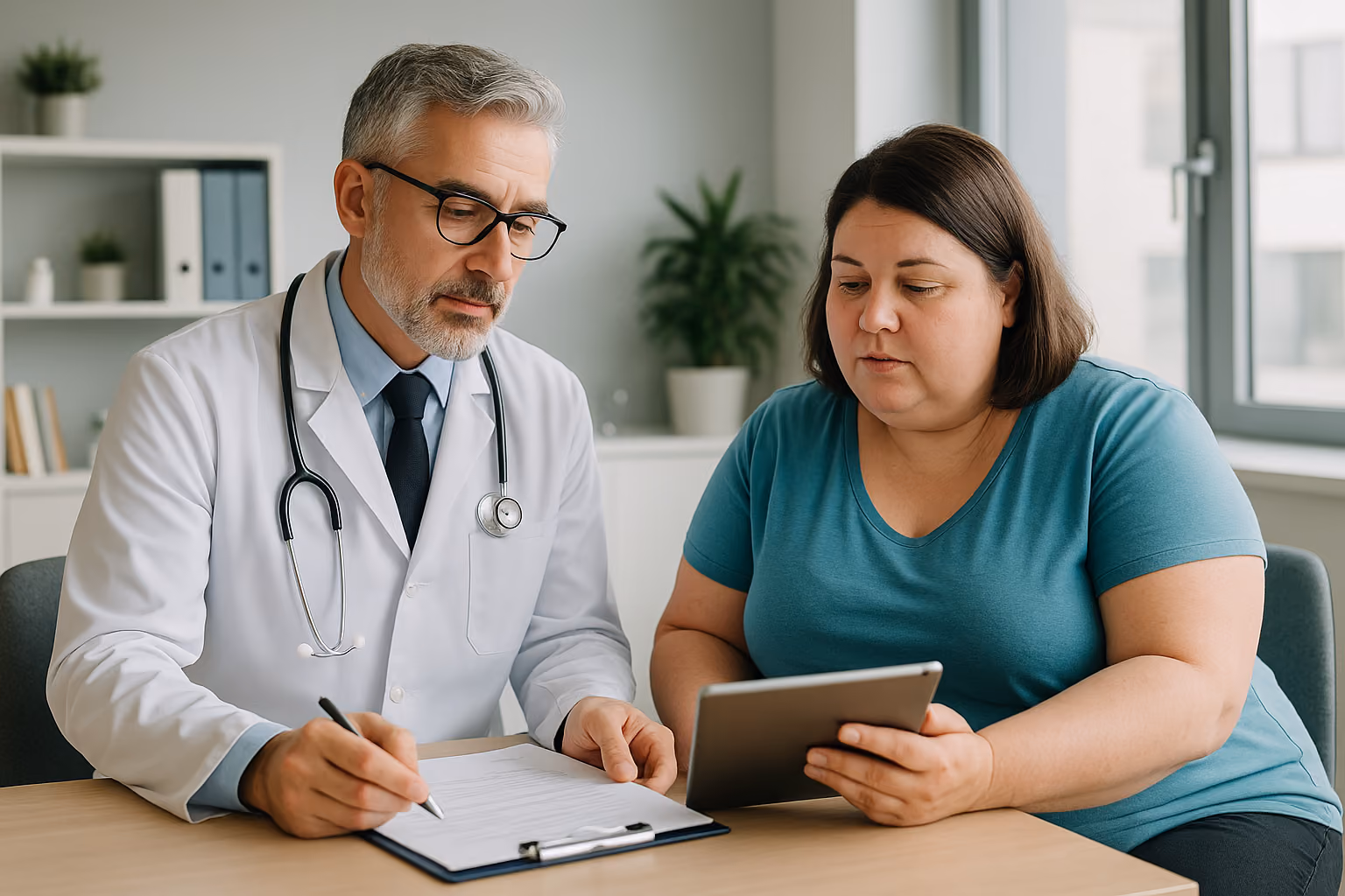 Physician and patient reviewing GLP-1 insurance coverage options in a modern medical office