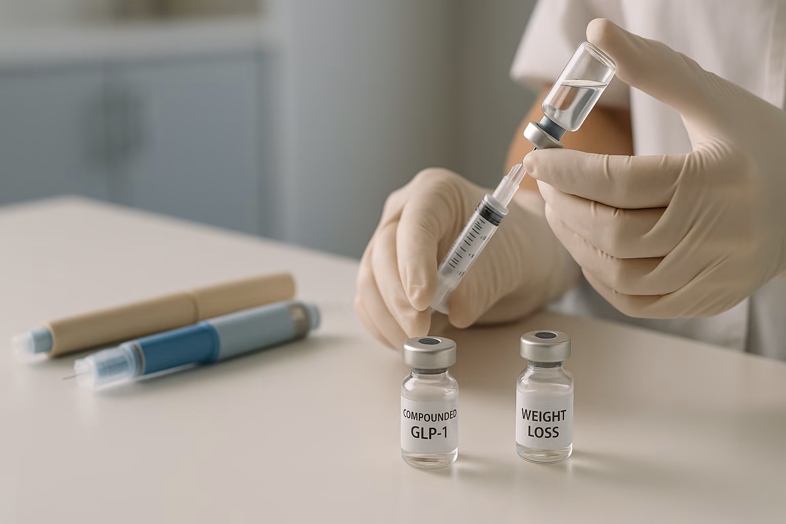 GLP-1 medication vials and injector pens prepared in a clinical setting