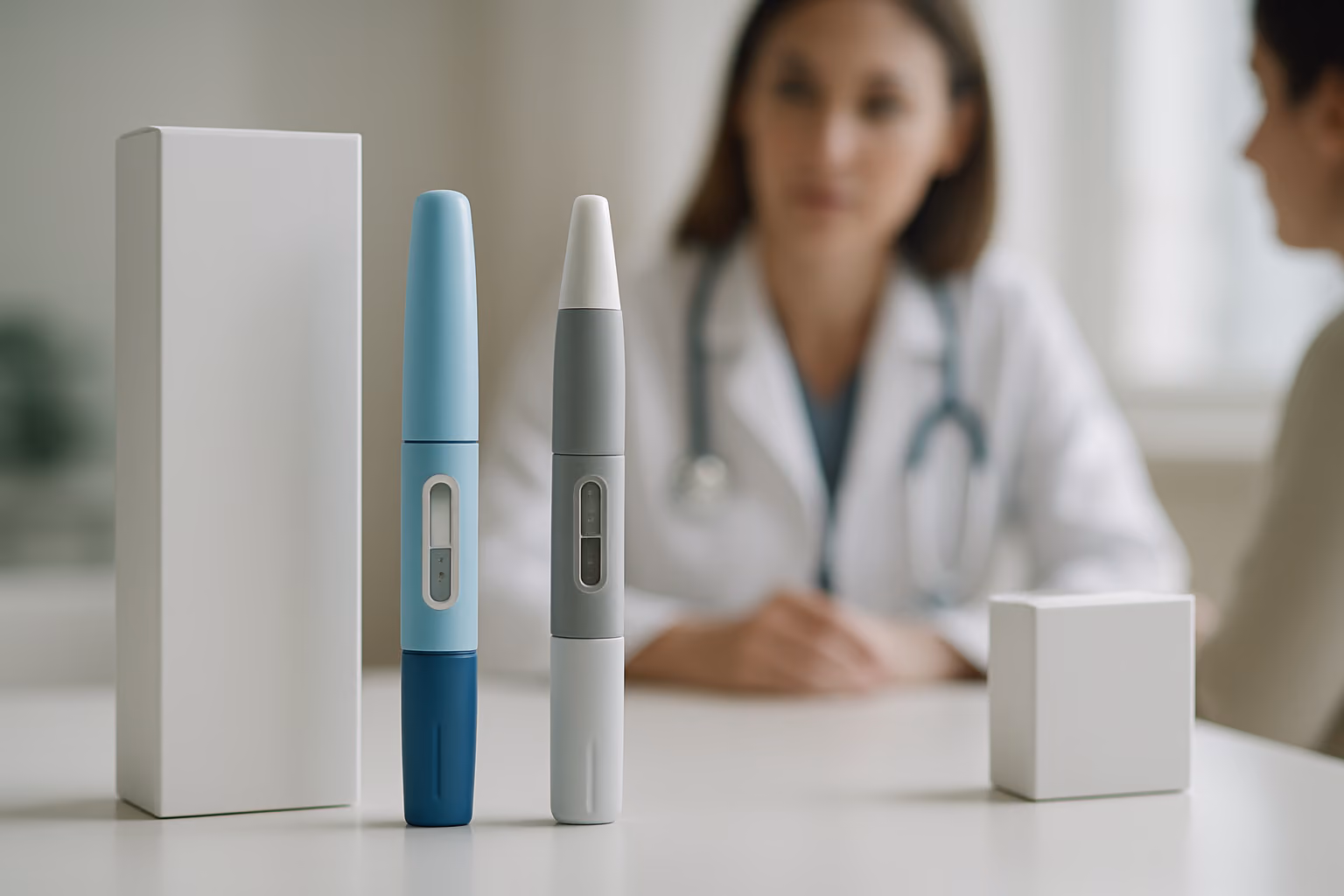 Two GLP-1 injector pens representing weight loss medication comparison options