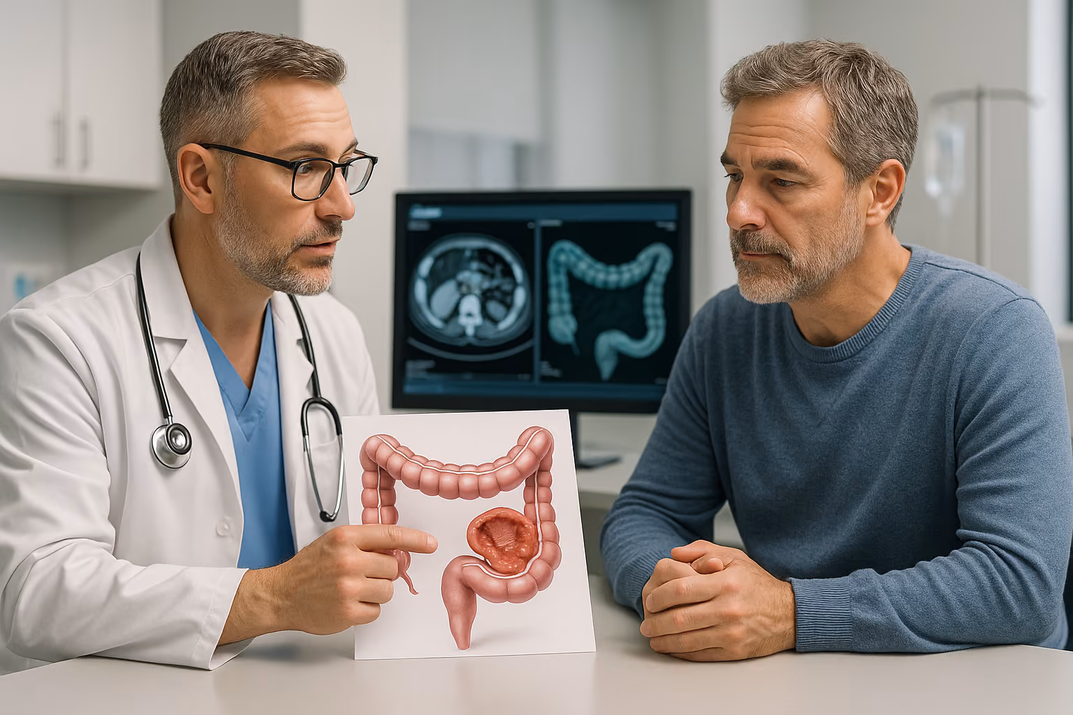 Surgeon reviewing diverticulitis colon imaging with a patient during consultation