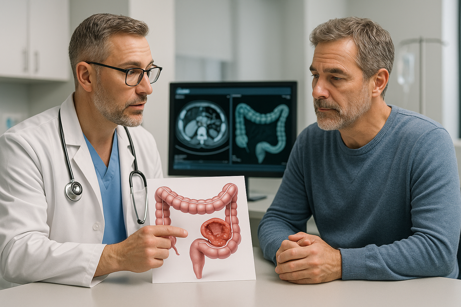 Surgeon reviewing diverticulitis colon imaging with a patient during consultation