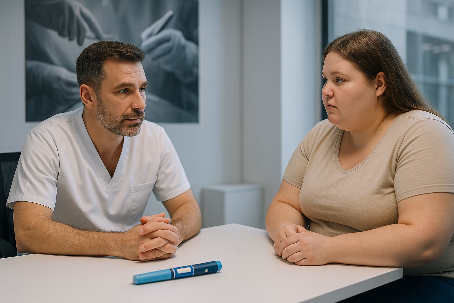 Surgeon counseling a patient on GLP-1 medication versus bariatric surgery options