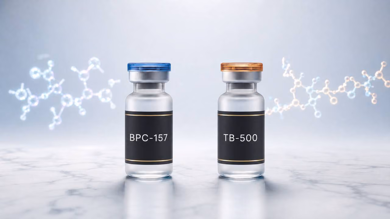 Two peptide vials labeled BPC-157 and TB-500 in a clean scientific comparison image
